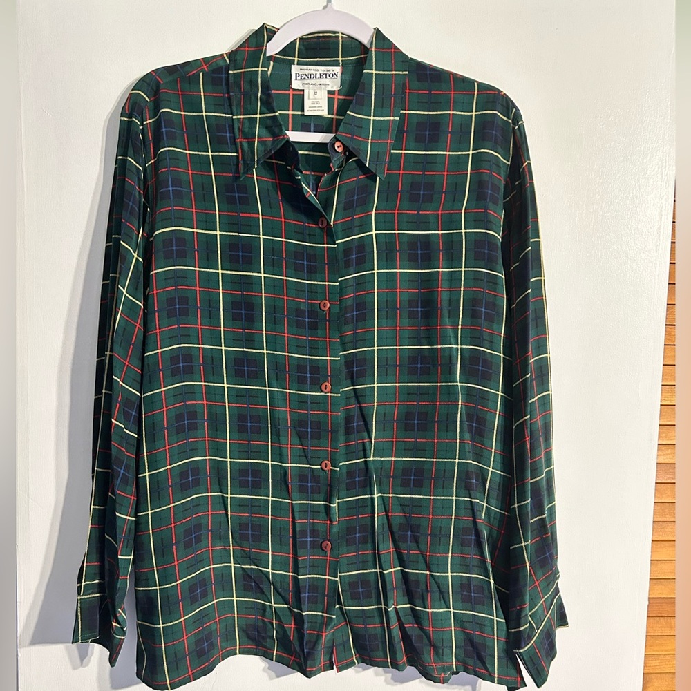 100% Silk Pendleton Long Sleeve Blouse Tartan Plaid Button Up Collared Luxury 12